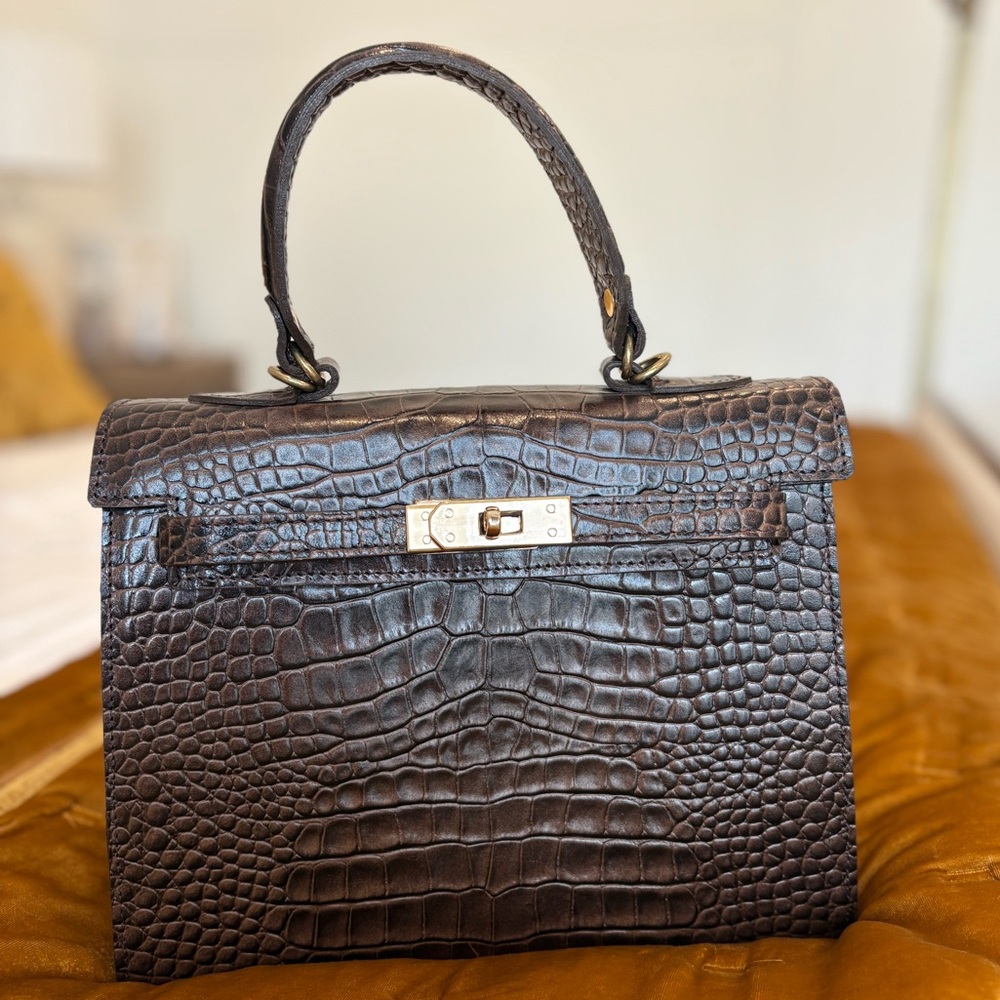 Classic Brown Croc-Embossed Satchel Handbag